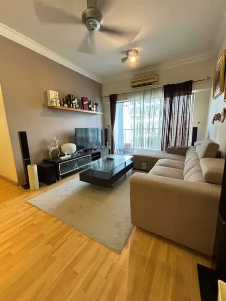 Living features: light wood flooring, cream fabric sectional sofa, glass coffee table, wall-mounted TV, black TV console, shelves with decorative items, floor-to-ceiling windows, sheer curtains, recessed downlights, ceiling fan with light, air conditioning unit, decorative wall art; style: modern.