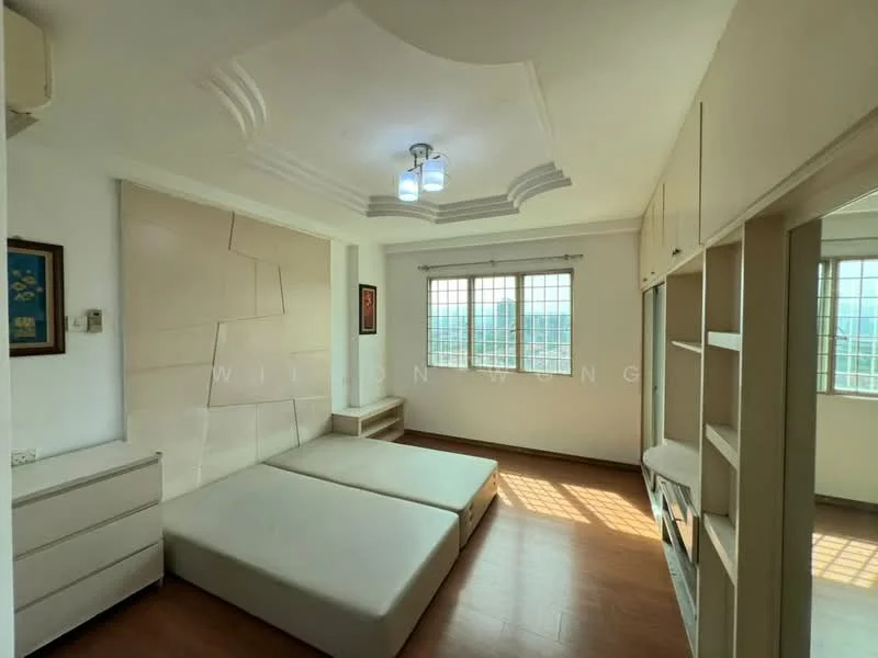 Bedroom features: two single beds, wooden flooring, white painted walls, tray ceiling with light fixture, built-in wardrobe, large windows with city view, natural light from windows, minimalist decor; style: modern; view: city.
