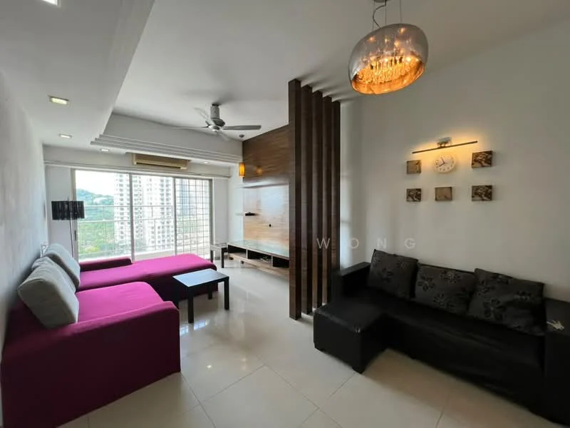 Living features: floor-to-ceiling windows, city view, 3-seater black leather sofa, 2-seater pink fabric sofa, wooden coffee table, wall-mounted TV console, decorative wall clock, framed wall decor, ceiling fan with light, recessed lighting, glossy tile flooring, wood panel accent wall; style: modern; view: city.