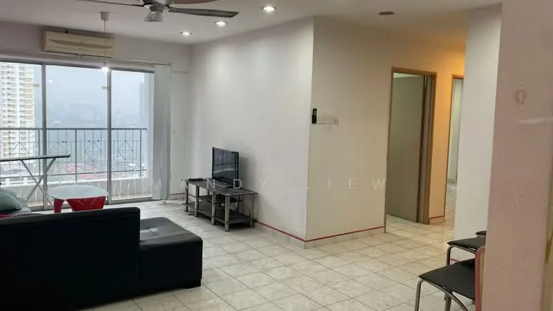 Living features: floor-to-ceiling windows, sliding glass door, 3-seater black leather sofa, coffee table, wall-mounted TV, tile flooring, ceiling fan, recessed downlights, air conditioning unit, decorative wall with light color, open layout to balcony; style: modern; view: city. Room features: light-colored walls, doorway leading to hallway, tile flooring.
