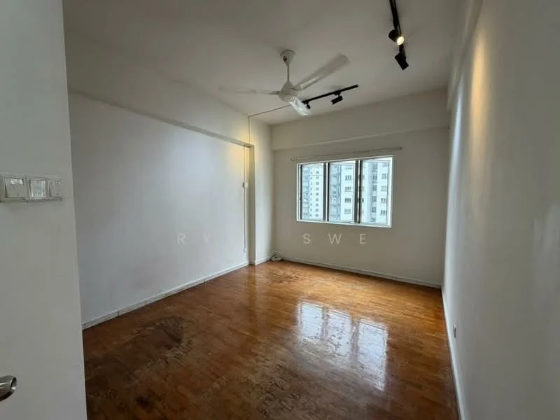 Room features: wooden flooring, white painted walls, ceiling fan, large window with city view, track lighting, no visible furniture; style: modern; view: city.