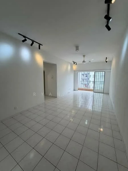 Living features: white painted walls, glossy white tiled flooring, recessed downlights, track lighting, ceiling fan, large window with sliding door, balcony access, open layout; style: modern; view: city.