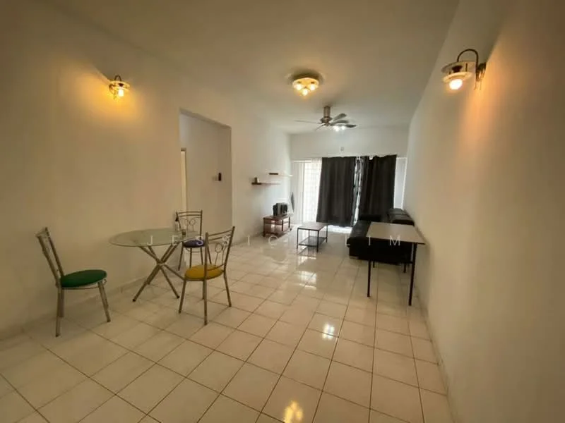 Living features: white painted walls, white tiled flooring, ceiling fan, 2 wall-mounted light fixtures, sofa, coffee table, TV console, floor-to-ceiling windows with black curtains, glass dining table with 4 chairs; style: modern.