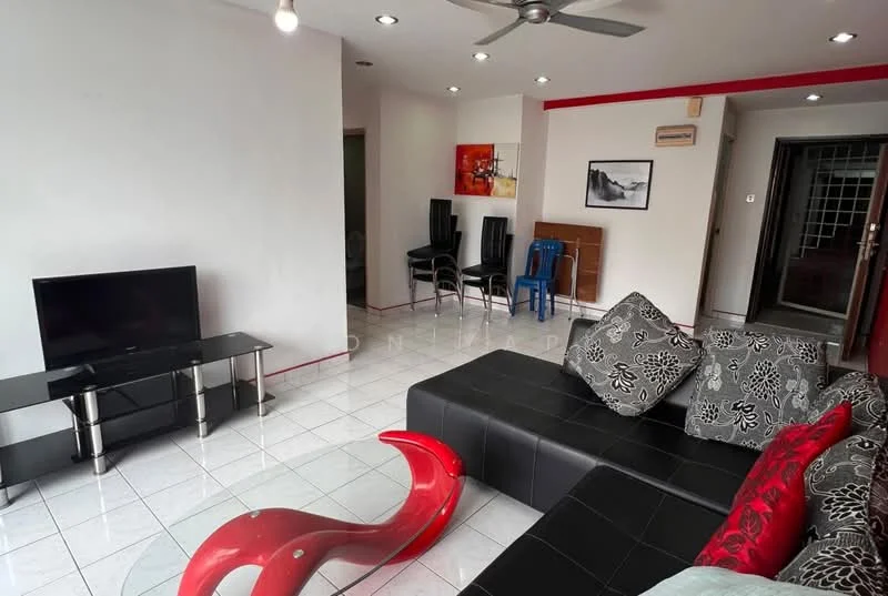 Living features: black leather sectional sofa, red accent pillows, glass coffee table, flat-screen TV on black TV stand, white tiled flooring, ceiling fan, wall-mounted artwork, dining area with black chairs, open layout, decorative red sculpture; style: modern.