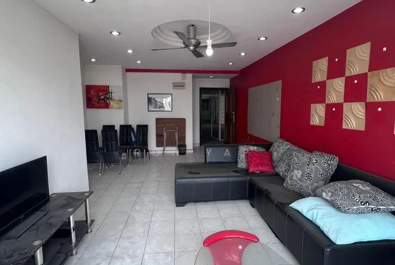 Living features: L-shape sectional sofa in black, decorative cushions in various patterns, coffee table with red top, wall-mounted TV, ceiling fan with light, white tiled flooring, red accent wall, neutral painted walls, built-in wall shelves with decorative panels, dining chairs in black, fireplace, recessed downlights; style: modern.
