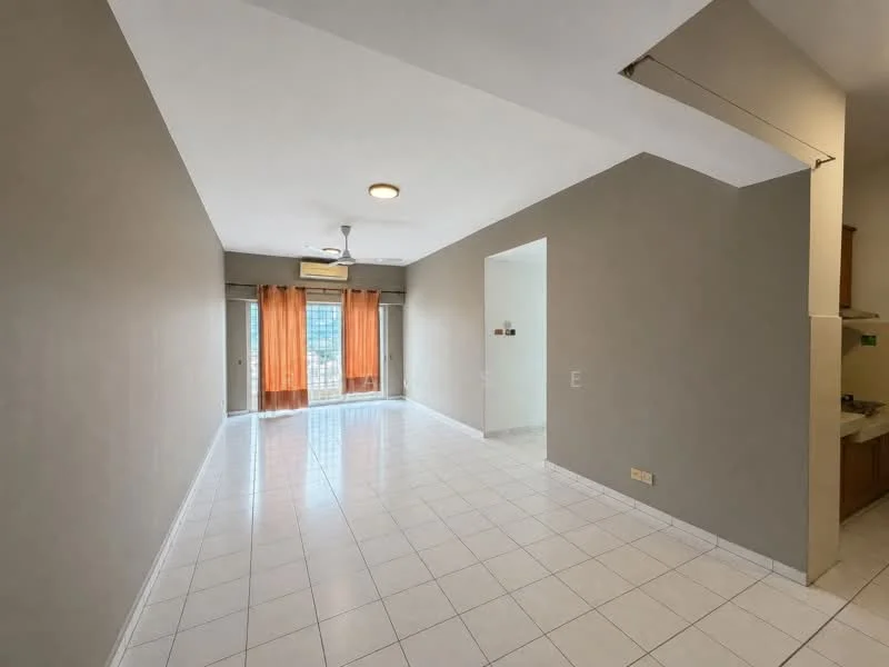Living features: white painted walls, tile flooring, 5-blade ceiling fan with light, floor-to-ceiling windows, orange sheer curtains, sliding glass door, natural light, open layout; style: modern; view: city. Room features: white painted walls, tile flooring, open layout.