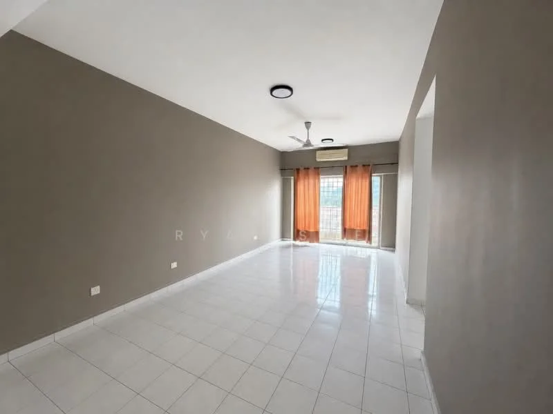 Living features: white tiled flooring, light grey painted walls, ceiling fan, recessed downlights, floor-to-ceiling windows, orange sheer curtains, air conditioning unit, open layout; style: modern; view: city.