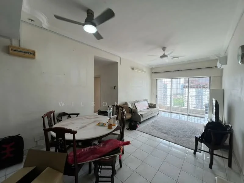 Living features: white painted walls, tile flooring, 5-blade ceiling fan, 2 wall-mounted split AC units, sofa in light color, coffee table, dining table with chairs, large sliding glass door, curtains, area rug, TV console, decorative items on furniture; style: modern; view: garden.