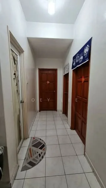 Hallway features: white painted walls, tile flooring, wooden doors, decorative wall art, ceiling light fixture, door frames, floor tiles with geometric pattern, neutral color scheme; style: modern.