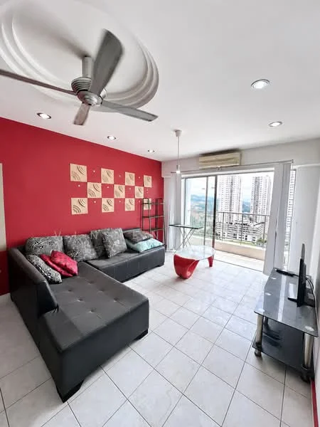 Living features: L-shape sectional sofa in black, decorative cushions in red, glass coffee table, TV console, wall-mounted TV, ceiling fan with light, white tiled flooring, red accent wall, floor-to-ceiling windows, sheer curtains; style: modern; view: city.