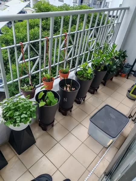 Balcony features: ceramic tile flooring, metal railing, potted plants, hanging plants, greenery view, plastic storage container, planters, decorative plants; view: garden.