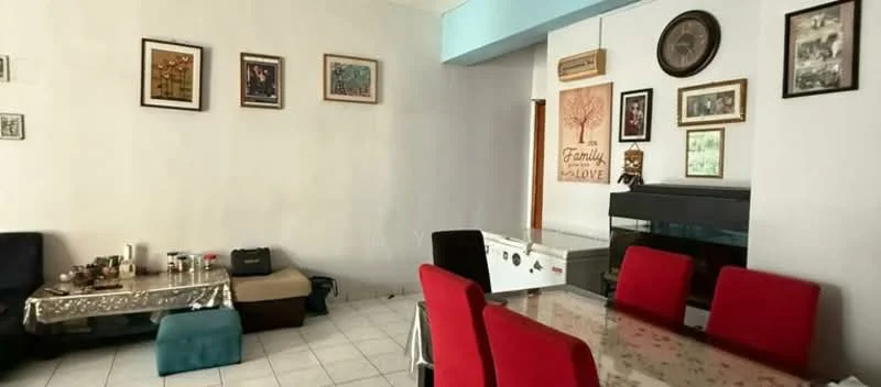Living features: white painted walls, tiled flooring, dining table with red chairs, sofa with dark upholstery, decorative wall art, wall-mounted air conditioning unit, fish tank, coffee table with decorative cloth, framed photographs, open layout; style: modern.