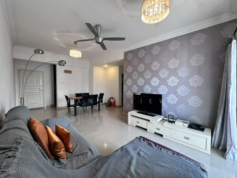 Living features: grey fabric sofa, orange decorative cushions, white TV console, wall-mounted TV, recessed downlights, 5-blade ceiling fan, decorative floor lamp, feature wallpaper with floral pattern, glossy tile flooring, sliding glass door with sheer curtains; style: modern.