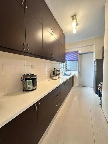 Kitchen features: dark wood cabinetry, white countertop, ceramic tile flooring, recessed ceiling lights, window with blinds, stainless-steel fridge, countertop with appliances, built-in oven, kitchen sink; style: modern.