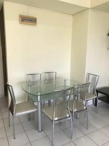 Dining features: glass dining table, 6 dining chairs with metal frames, white tiled flooring, cream painted walls, wall-mounted air conditioning unit; style: modern.