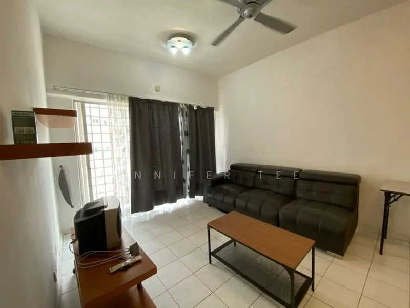 Living features: 3-seater leather sofa in dark grey, wooden coffee table, TV console, wall-mounted TV, floor-to-ceiling windows, sheer curtains, blackout curtains, white painted walls, tile flooring, ceiling fan with light, recessed ceiling lights; style: modern.
