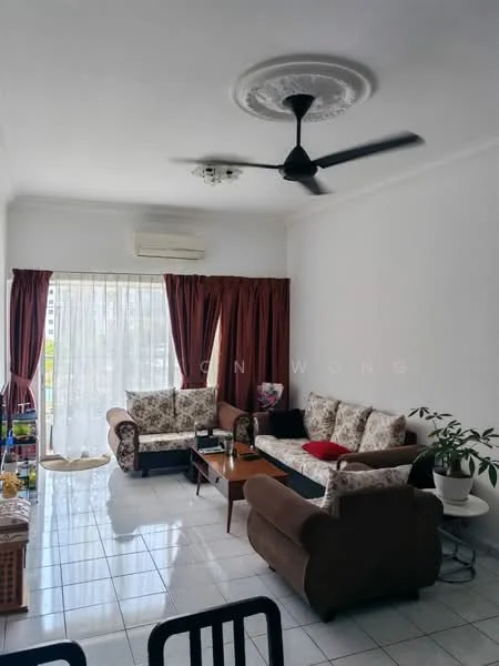 Living features: 3-seater fabric sofa in brown, 2-seater fabric sofa with floral pattern, coffee table, floor-to-ceiling windows, sheer curtains, dark red curtains, white painted walls, ceiling fan with light, air conditioning unit, tile flooring, decorative houseplant in ceramic pot, area rug; style: modern; view: city.