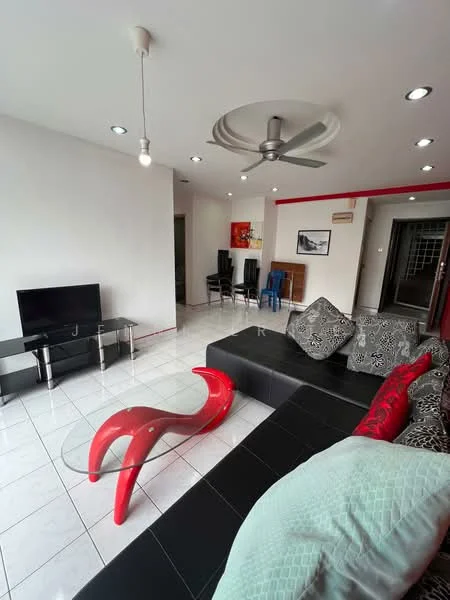 Living features: black leather sectional sofa, red accent cushions, glass coffee table with unique design, wall-mounted TV, ceiling fan with light, white painted walls, tile flooring, recessed lighting, decorative artwork on wall; style: modern.