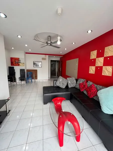 Living features: black leather sectional sofa, red accent pillows, white tiled flooring, ceiling fan with light, recessed downlights, red feature wall, decorative wall panels, glass coffee table, black TV console, dining chairs in the background; style: modern.