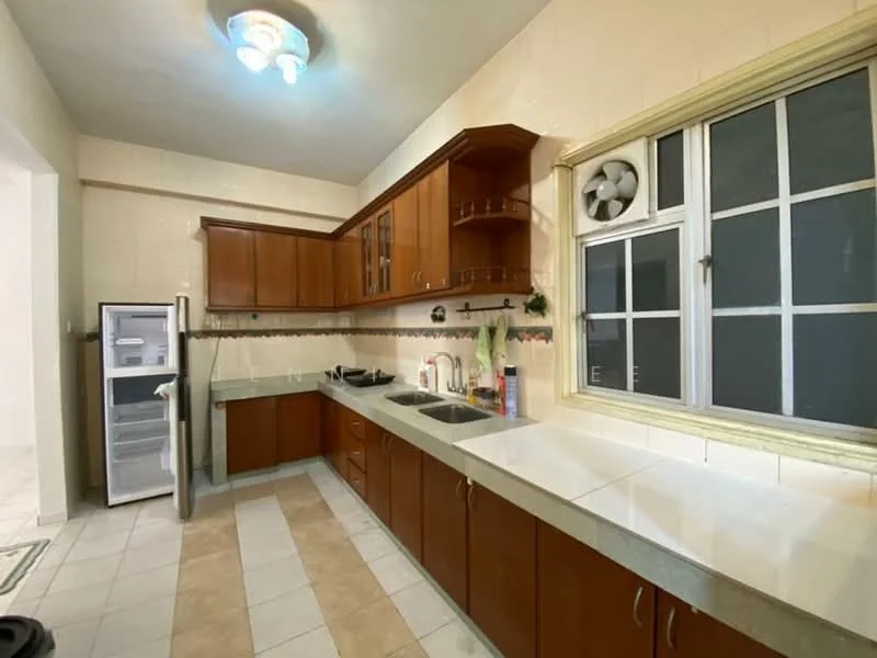 Kitchen features: brown wooden cabinetry, white countertop, single-bowl stainless-steel sink, chrome pull-down faucet, built-in refrigerator, wall-mounted exhaust fan, tile backsplash, ceramic tile flooring, window with grid pattern, recessed ceiling light; style: modern.
