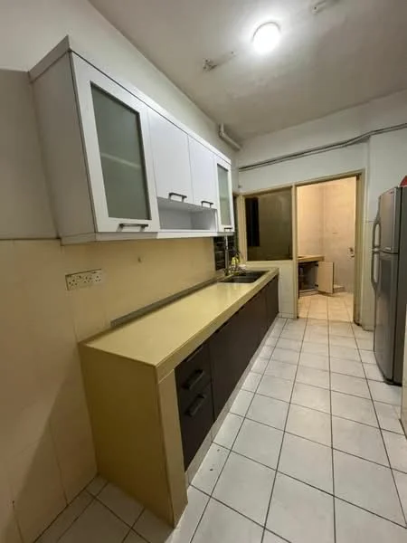 Kitchen features: white upper cabinets with glass fronts, brown lower cabinets, laminate countertop in beige, stainless-steel fridge, single-bowl stainless-steel sink, chrome pull-down faucet, tile flooring in white, fluorescent ceiling light, open layout to adjacent room; style: modern.