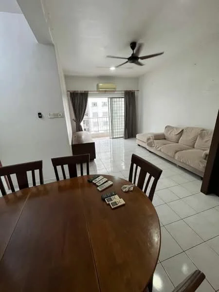 Living features: 3-seater fabric sofa in beige, ceiling fan, floor-to-ceiling windows, sliding glass door, white painted walls, glossy tile flooring, curtains, air conditioning unit, coffee table, decorative wall panel; style: modern; view: city. Dining features: round wooden dining table, 4 wooden dining chairs, table setting with placemats, white tiled flooring; style: modern.