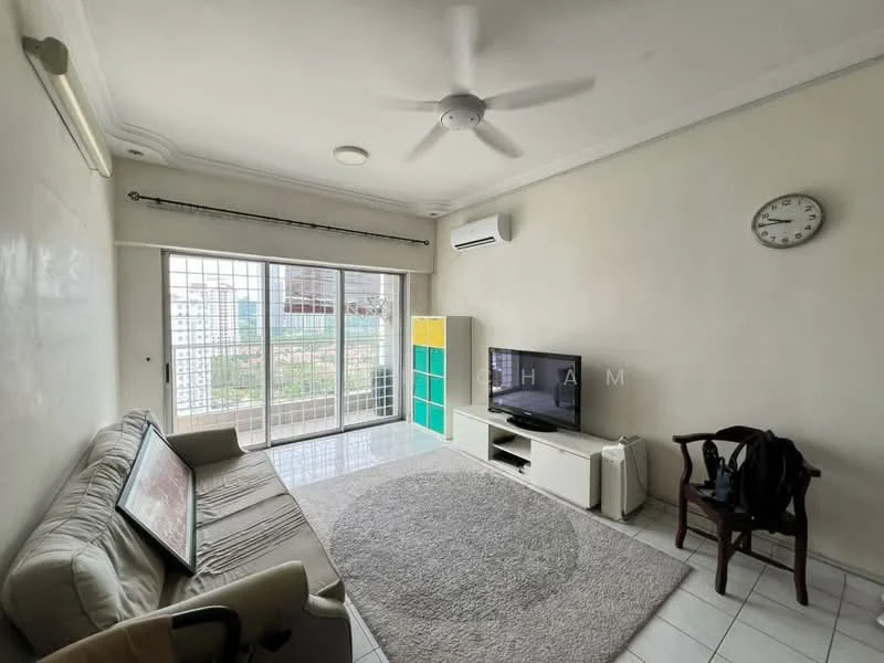 Living features: cream painted walls, white ceiling, 5-blade ceiling fan with light, floor-to-ceiling windows, sliding glass door, light-colored tiled flooring, area rug with circular pattern, sofa in light fabric, TV console, wall-mounted TV, decorative wall clock, green and yellow storage cabinet, wooden armchair; style: modern; view: garden.