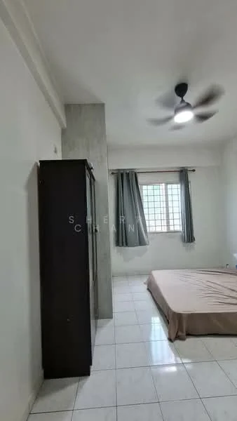 Bedroom features: white painted walls, tile flooring, ceiling fan, window with curtains, queen-size bed with beige bedding, built-in wardrobe, light fixture, corner wall with texture.