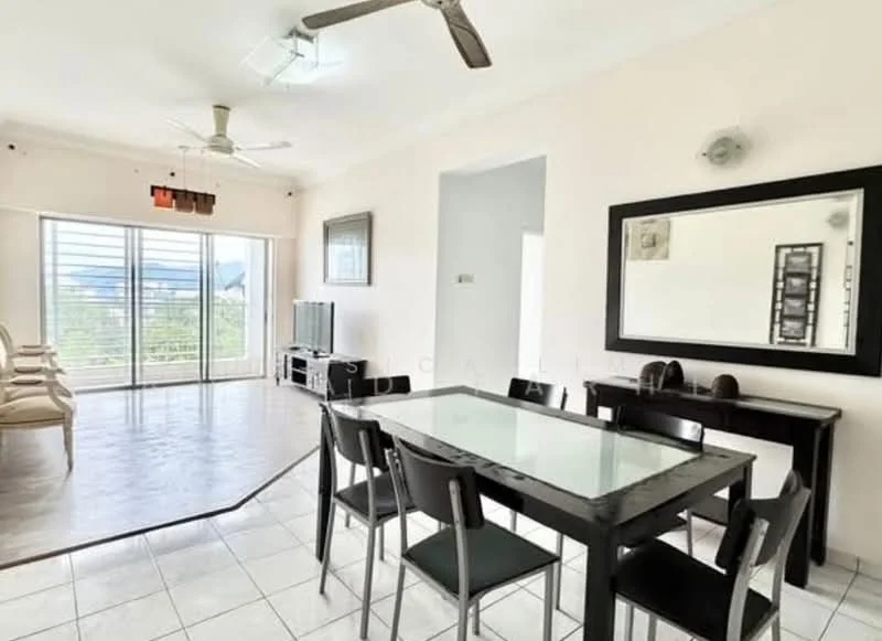 Dining features: glass dining table, black dining chairs, pendant lighting, 5-blade ceiling fan, large windows with city view, white walls, tile flooring, decorative mirror, sideboard, natural light; style: modern; view: city. Living features: sofa seating area, floor-to-ceiling windows, white walls, tile flooring, natural light; style: modern; view: city.
