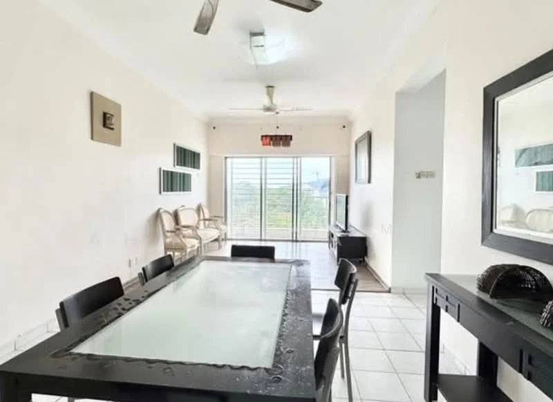 Living features: white painted walls, tile flooring, 5-blade ceiling fan, large sliding glass door, floor-to-ceiling windows, black dining table with glass top, black dining chairs, TV console, wall-mounted TV, decorative mirror, sofa chairs, natural light from windows; style: modern; view: garden.