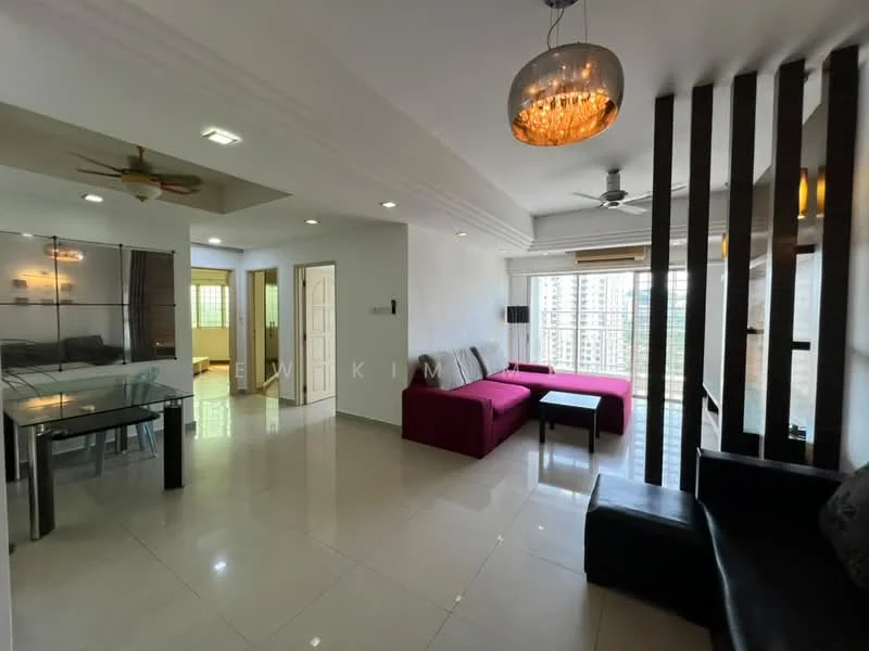 Living features: 3-seater fabric sofa in black, L-shape sectional in red, glass coffee table, wall-mounted TV, ceiling fan with light, recessed downlights, floor-to-ceiling windows, tile flooring, decorative wall with wooden slats, area rug, dining table for 4, open layout to adjacent rooms; style: modern; view: city. Room features: white painted walls, tile flooring.