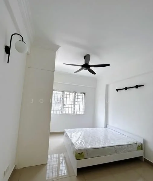 Bedroom features: white painted walls, polished floor tiles, 5-blade ceiling fan with light, double-hung windows with grille, bed frame with mattress, wall-mounted light fixture, minimalist decor, built-in wall shelf; style: minimalist.