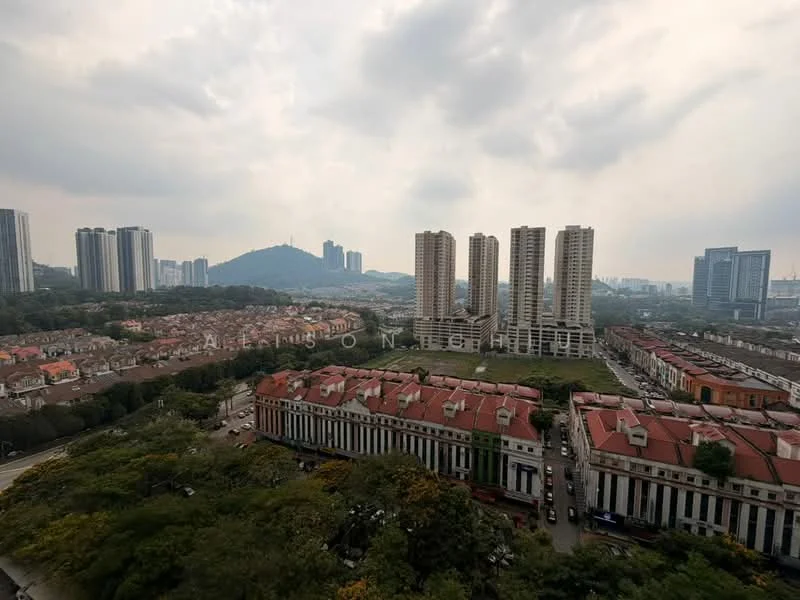 Exterior type: high-rise condominium; features: city skyline view, surrounded by greenery, multiple high-rise buildings, low-rise residential buildings, hills in the background, cloudy sky; style: modern.