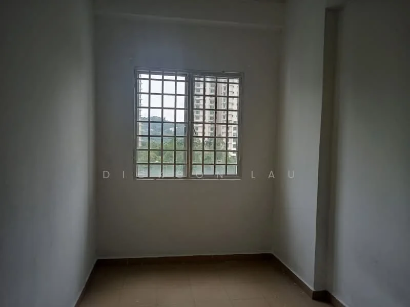 Room features: white painted walls, tile flooring, window with metal grille, view of greenery, natural light from window; view: garden.