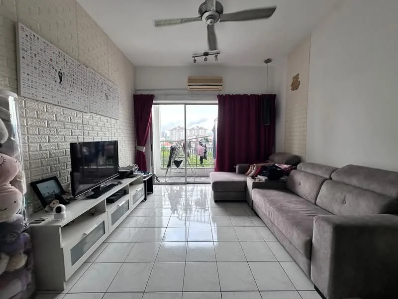 Living features: grey fabric L-shape sectional sofa, white TV console, wall-mounted flat-screen TV, floor-to-ceiling sliding glass door, curtains in dark red, white painted walls, exposed brick accent wall, ceiling fan with light, glossy white tile flooring, decorative wall art, decorative items on TV console, balcony view visible through sliding door; style: modern; view: city.