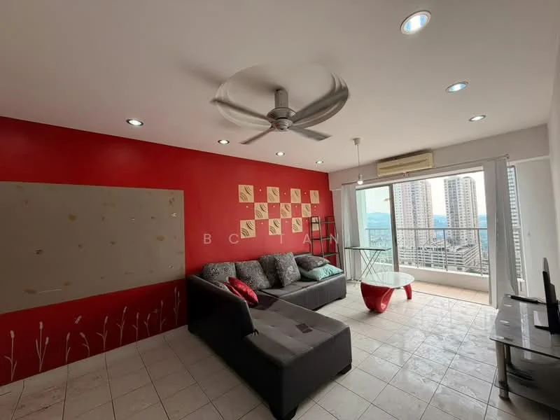 Living features: L-shape sectional sofa in grey, red accent wall, white walls, ceiling fan, recessed downlights, glass coffee table, TV console, floor-to-ceiling windows, city view, tile flooring, air conditioning unit; style: modern; view: city.