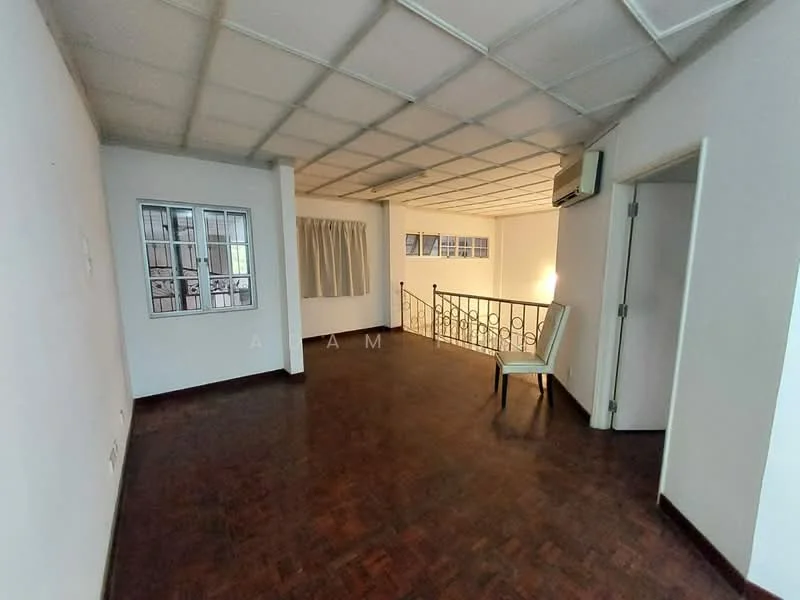 Room features: white painted walls, parquet wood flooring, drop ceiling, 1 wall-mounted split AC, large window with grid pattern, curtains, balcony access, metal railing; style: minimalist.