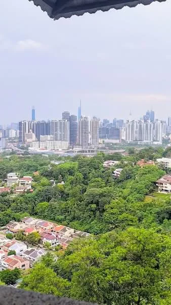 Exterior type: high-rise condominium; features: city skyline view, surrounded by greenery, urban landscape, mixed-use development, high-rise buildings, low-rise residential areas; style: modern.