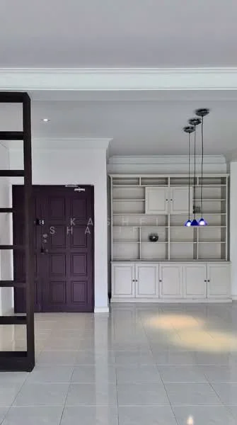 Living features: white painted walls, glossy tile flooring, recessed downlights, pendant lighting with blue shades, built-in shelving unit, dark wood partition, main entrance door with panel design, open layout; style: modern.