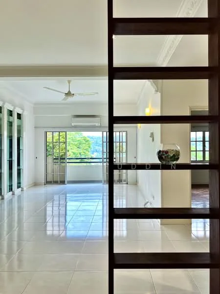 Living features: white painted walls, polished tile flooring, 5-blade ceiling fan, floor-to-ceiling windows, sliding glass door, balcony access, air conditioning unit, decorative wall feature; style: modern; view: garden. Room features: white painted walls, polished tile flooring.