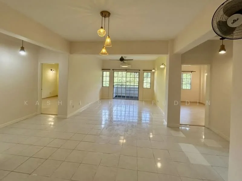 Living features: white painted walls, glossy ceramic tile flooring, tray ceiling with pendant lights, 5-blade ceiling fan, floor-to-ceiling windows, multiple light fixtures, open layout, natural light from windows; style: modern; view: garden. Room features: white painted walls, glossy ceramic tile flooring, floor-to-ceiling windows.