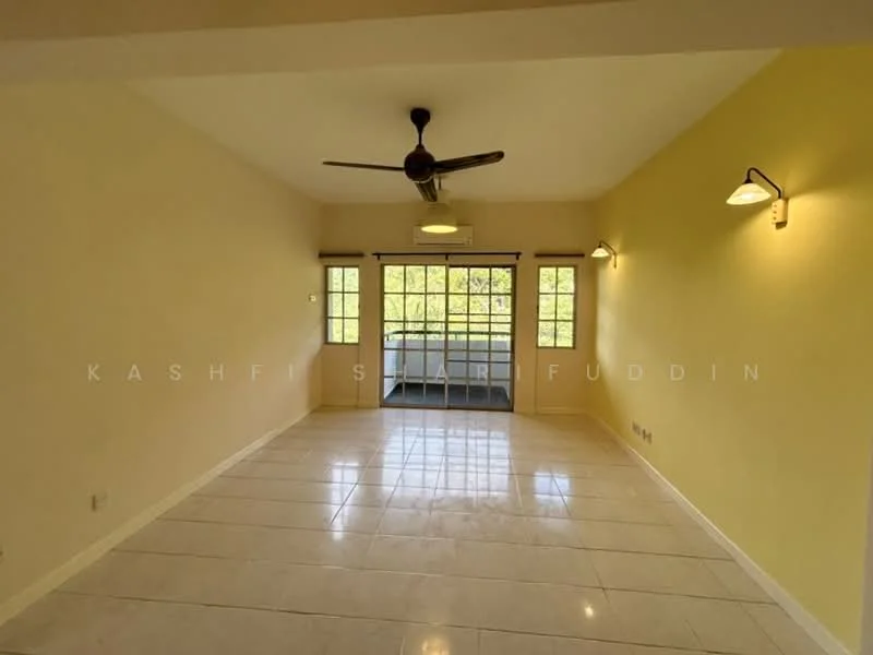 Living features: cream painted walls, white tiled flooring, 5-blade ceiling fan, 2 wall-mounted light fixtures, floor-to-ceiling windows, sliding glass door, balcony access, natural light; style: modern; view: garden.