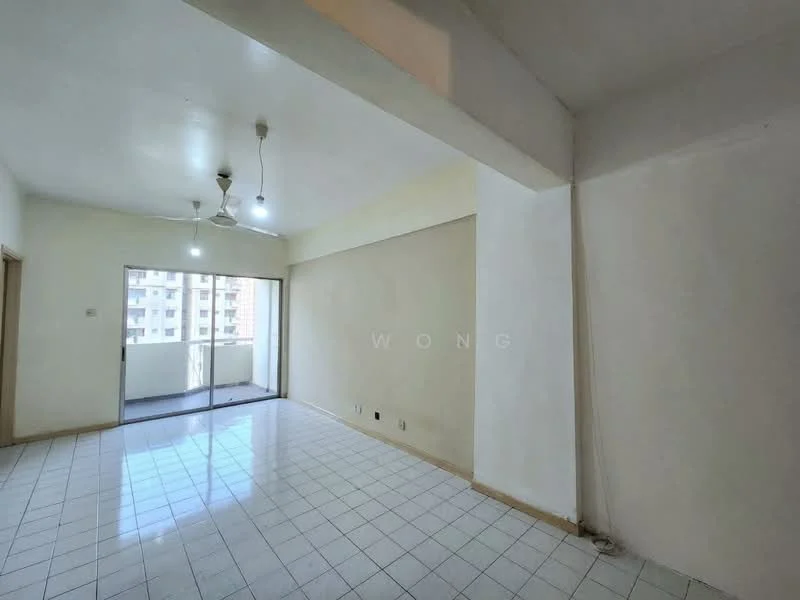 Living features: white painted walls, tiled flooring, ceiling fan, sliding glass door, floor-to-ceiling windows, natural light from windows, open layout, balcony access.