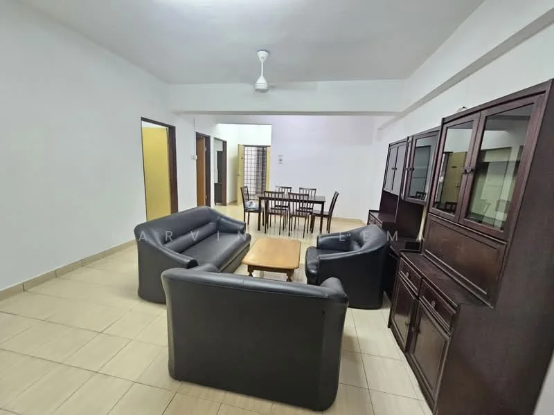 Living features: 2 black leather sofas, wooden coffee table, wooden dining table with 6 chairs, brown wooden sideboard, cream tiled flooring, white painted walls, ceiling fan, doorway leading to other rooms; style: modern.