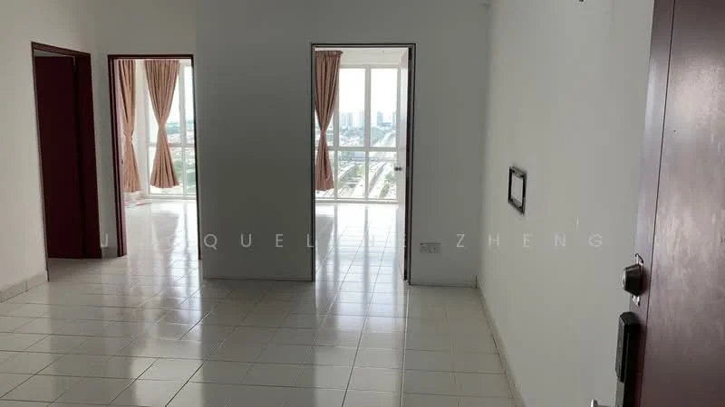 Room features: white painted walls, glossy white tile flooring, floor-to-ceiling windows, sheer curtains, doorway leading to another room, doorway leading to balcony, neutral color scheme, natural light from windows; style: modern; view: city.