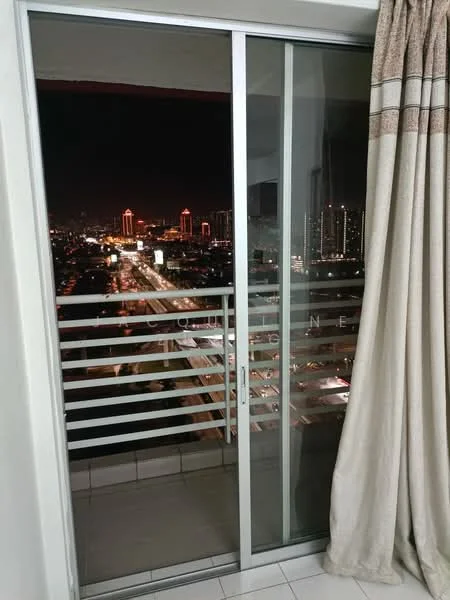 Room features: sliding glass door, floor-to-ceiling windows, curtains, tile flooring, city skyline view; view: city.