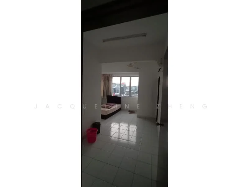 Room features: white painted walls, tile flooring, floor-to-ceiling windows, curtains, ceiling fan, sofa, city view; view: city.