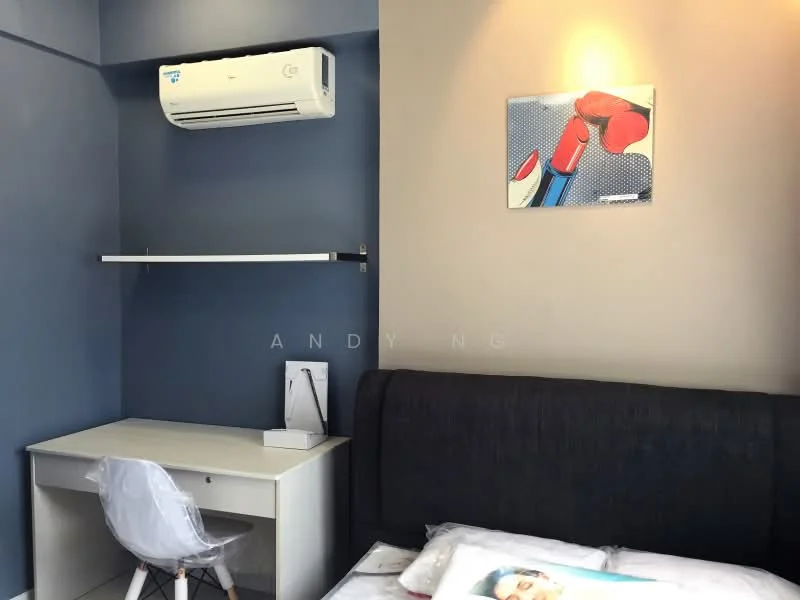 Bedroom features: dark upholstered headboard, queen-size bed, white bedding, study desk with white surface, transparent chair, wall-mounted air conditioning unit, blue accent wall, light beige wall, framed artwork on wall, shelf above desk; style: modern.