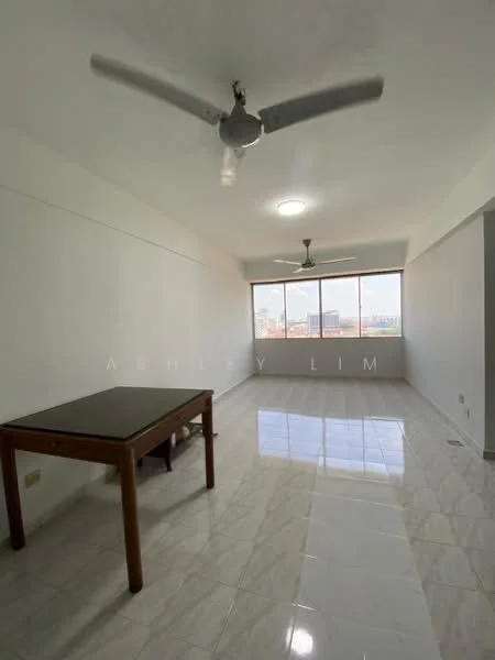 Living features: white painted walls, glossy ceramic tile flooring, 2 ceiling fans, large window with city view, natural light, dining table, neutral color palette, open layout; style: modern; view: city.