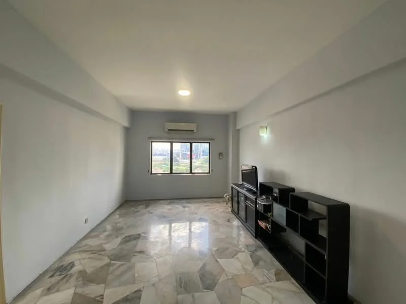 Living features: marble flooring, white painted walls, ceiling light, wall-mounted air conditioning unit, large window with city view, black TV console, open space layout; style: modern; view: city.